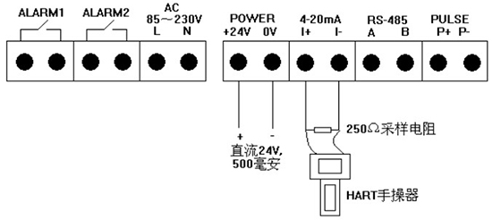 高溫型熱式氣體質(zhì)量流量計(jì)四線制4-20mA接線圖